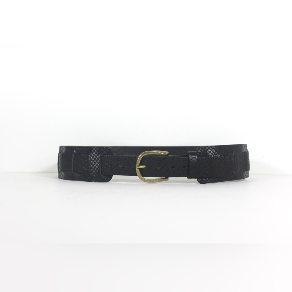 Wide Black Lizard Print Embossed Leather Corset Belt with Small Brass Buckle